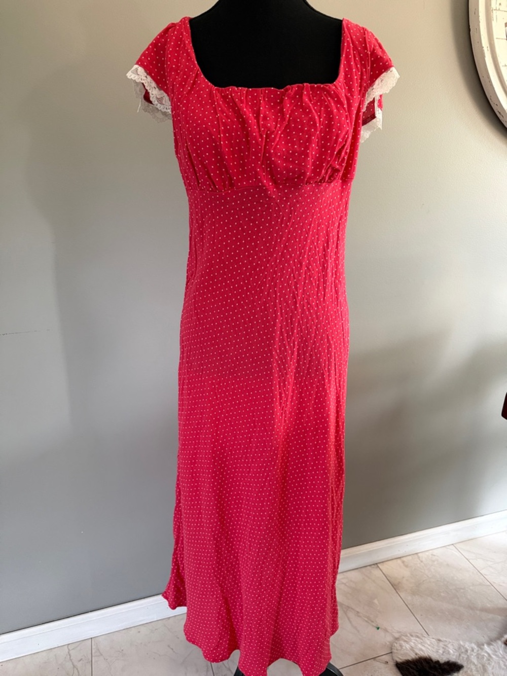 wild fable PinkPolka Dot Maxi Dress with Lace Sleeve Trim